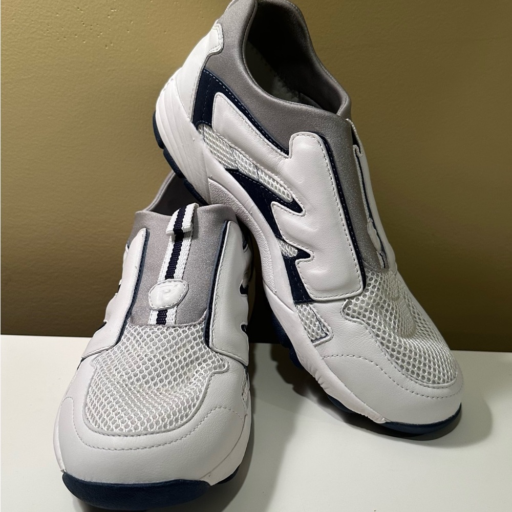 Women’s White and Gray with Midnight Blue Trim Slip-On Sneakers